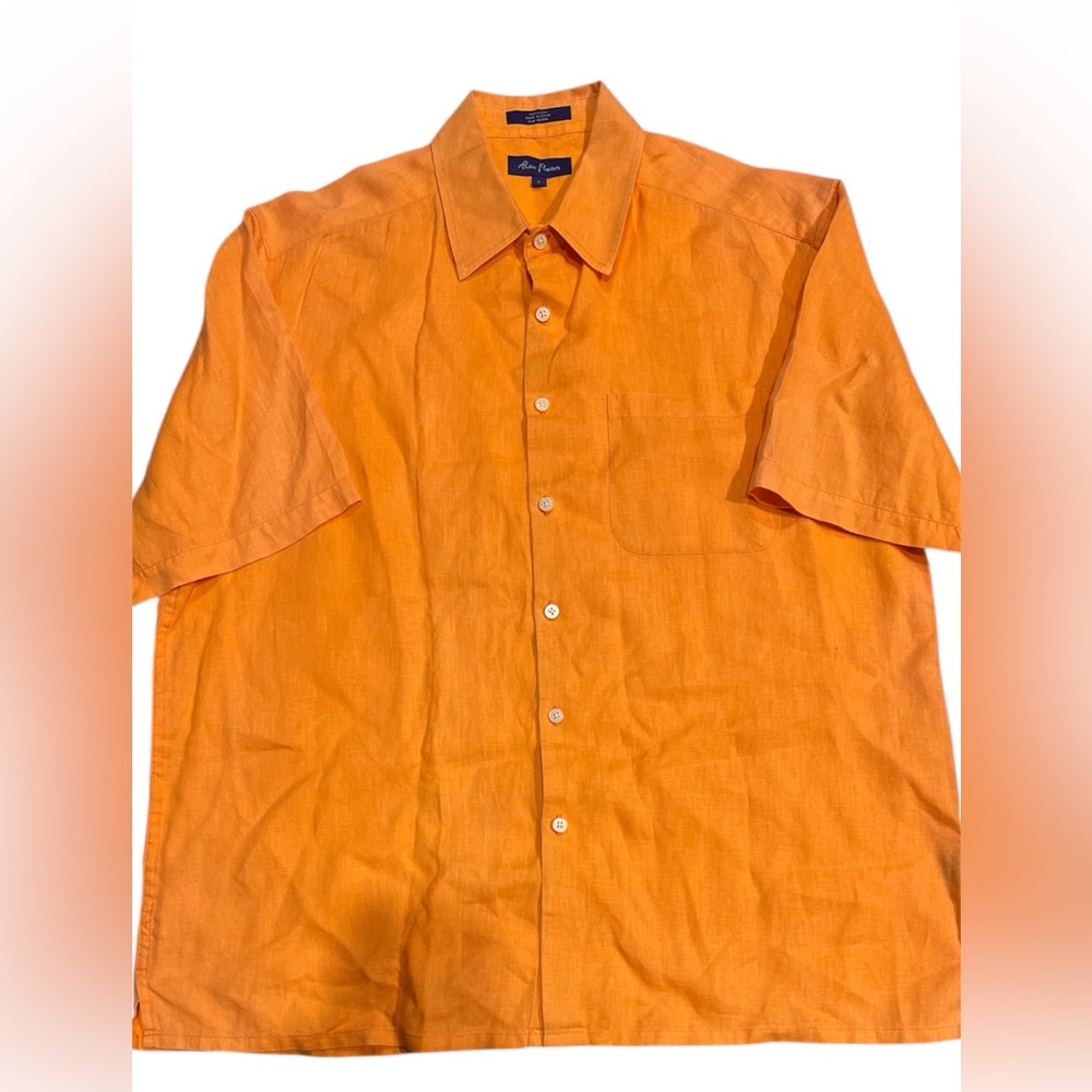 Alan Flusser Shirt Mens Large Orange 100% Linen Button Up Short Sleeve Pocket